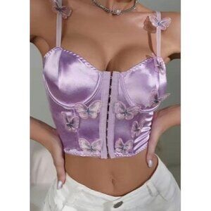 Purple Butterfly Applique Satin Crop Top